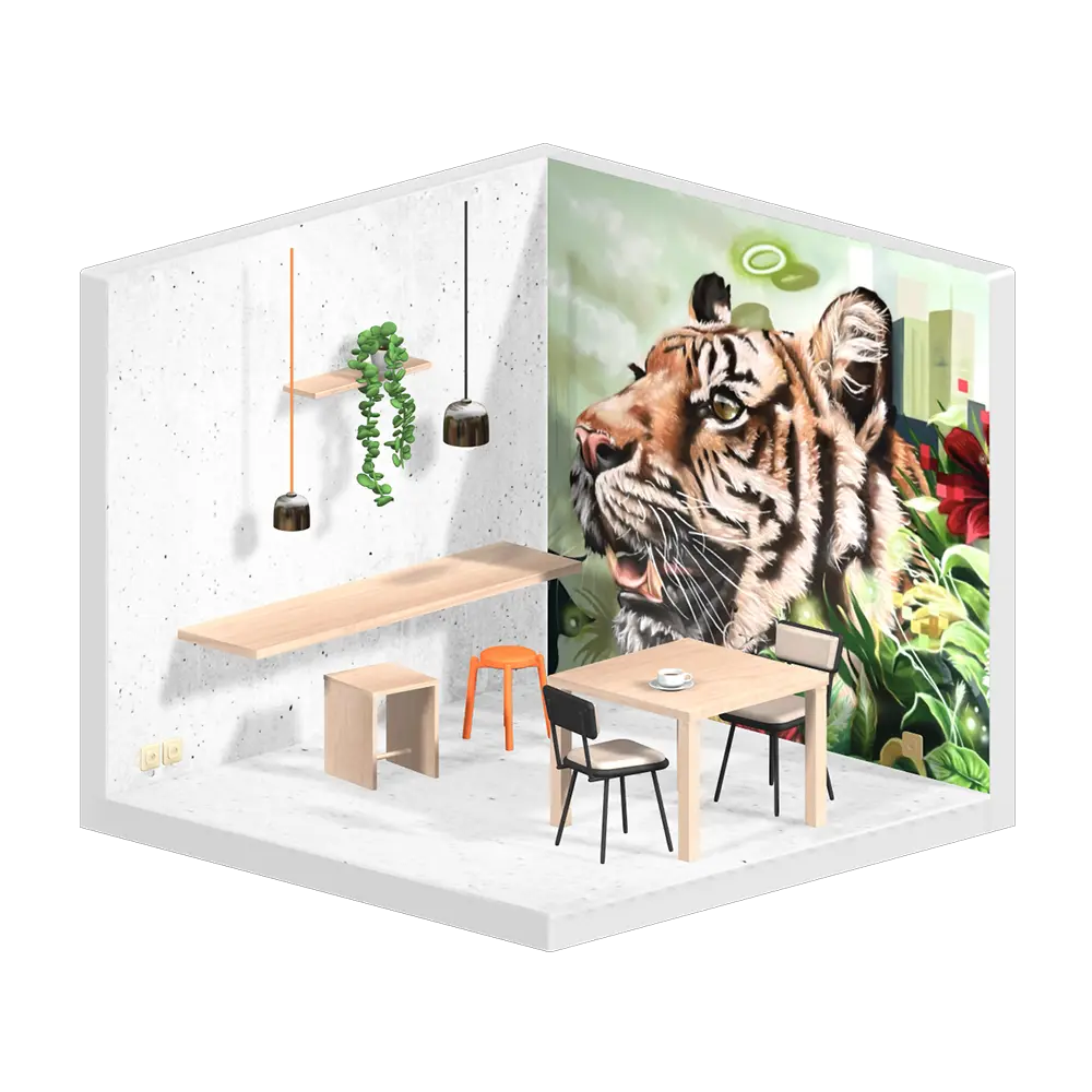 3D Grafik eines Café-Innenraumes mit einer bemahlten Rückwand. Auf dem Kunstwerk auf der Rückwand ist ein Kopf eines Tigers, umkreist von Dschungelpflanzen, zu erkennen.